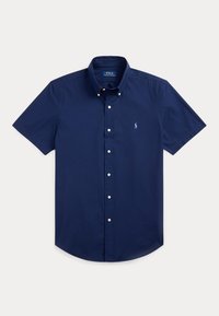 Chemise bleu marine à manches courtes avec boutons, col boutonné et petit logo brodé sur la poitrine gauche.