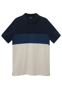 Polo à manches courtes avec blocs de couleur horizontaux bleu marine, bleu et beige et une fermeture éclair à l'avant.