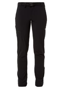 Black hiking pants made of lightweight synthetic material, featuring a belted waist, zippered pockets, and articulated knees for flexibility.