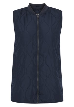 Gilet matelassé noir avec fermeture éclair sur le devant, col rond, poches latérales et texture lisse. Présente un design de surpiqûres en ondulation sur toute sa surface.