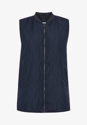 Marineblauer Steppwesten mit Reißverschluss, rundem Halsausschnitt, Seitentaschen und glatter Textur. Verfügt über ein wellenförmiges Nahtdesign überall.