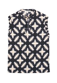 Mouwloos topje met een marineblauw en crèmekleurig abstract patroon, textuurstof, ronde hals met striksluiting en ruche-accenten op de schouders.