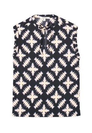 Top sin mangas con un patrón abstracto en navy y crema, tejido texturizado, cuello redondo con cierre de lazo y detalles de volante en los hombros.