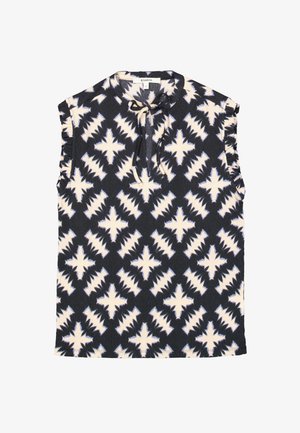 Mouwloos topje met een marineblauw en crèmekleurig abstract patroon, textuurstof, ronde hals met striksluiting en ruche-accenten op de schouders.
