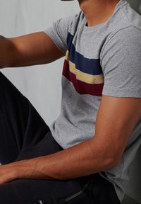 Camiseta gris de manga corta con rayas horizontales en azul marino, burdeos y amarillo en la parte frontal. Fabricada en suave tejido de algodón.