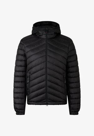 Schwarze steppierte Pufferjacke mit Kapuze, Frontreißverschluss, mit Reißverschluss versehenen Seitentaschen und Chevron-Steppmuster auf der Vorderseite und den Ärmeln.