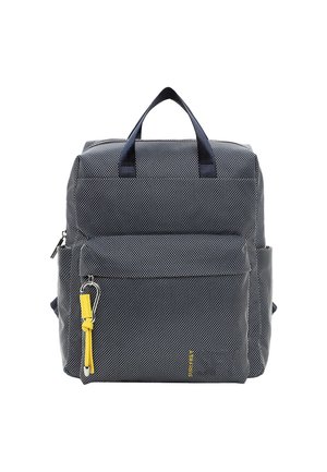 Zaino blu navy a pois in tessuto testurizzato con due manici superiori, tasca frontale con zip e dettaglio giallo su una cerniera.