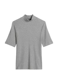 Jasnoszary krótki rękaw golf z gładką fakturą i prążkowanym materiałem. Prosty, czysty design bez widocznych wzorów czy akcentów.