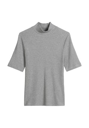 T-shirt à col roulé court gris clair avec une texture lisse et un tissu côtelé. Design simple et épuré sans motifs ni accents visibles.