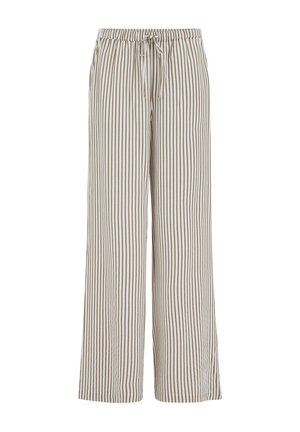Laza szabású bézs nadrág függőleges fehér és barna csíkokkal, rugalmas derékrésszel és elöl megkötős zsinórral.