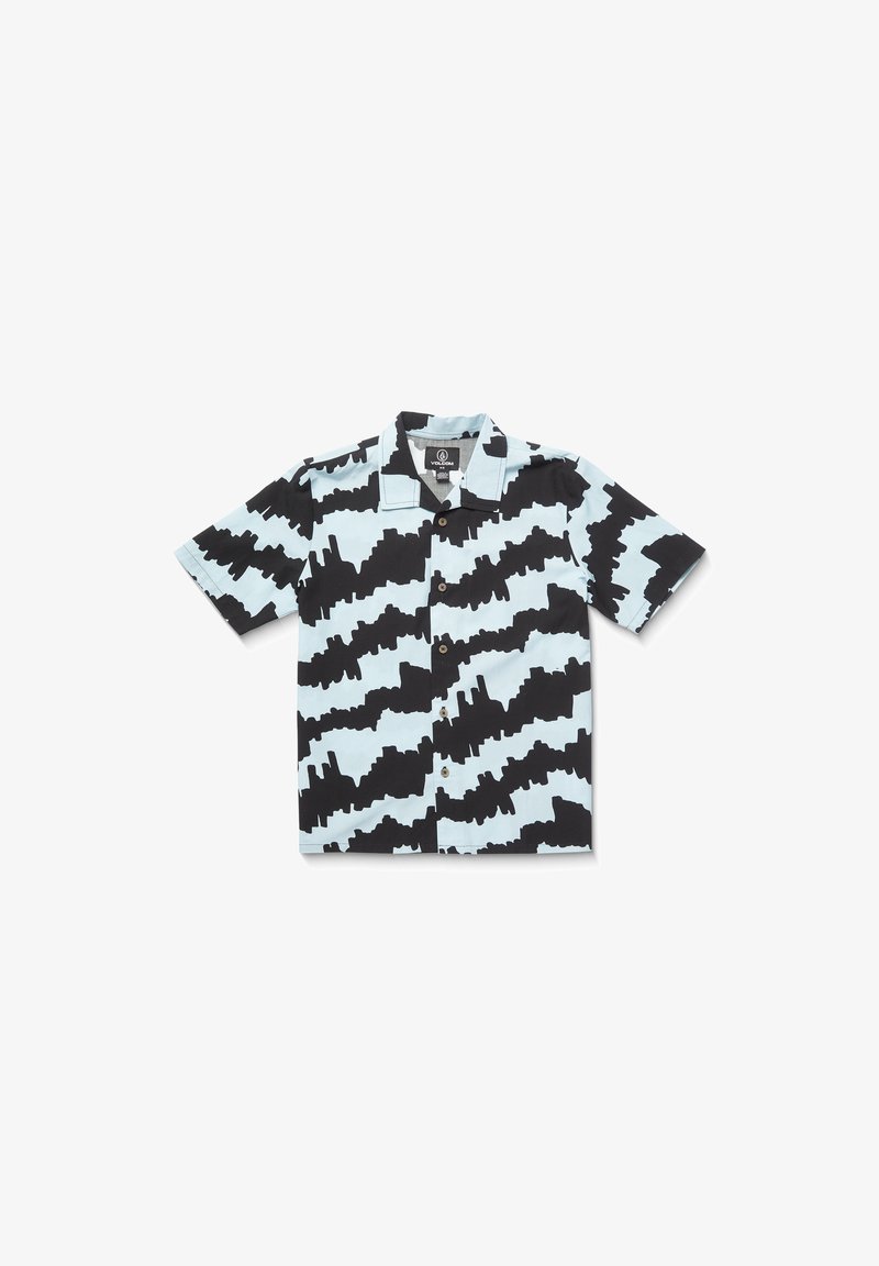 Kurzärmliges Hemd mit Knöpfen in Hellblau mit einem schwarzen abstrakten Wellenmuster. Ausgestattet mit einem klassischen Kragen und braunen Knöpfen. Glatte Stoffoberfläche.
