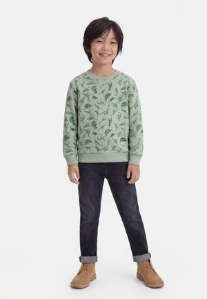 Enfant souriant debout portant un sweat-shirt vert clair avec des motifs de dinosaures verts foncés, un jean foncé retroussé et des bottes lacées couleur beige.