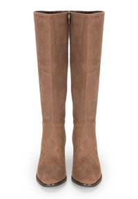 Bottes hautes en daim marron, avec une texture lisse, des bouts ronds et une fermeture éclair sur le côté pour un enfilage facile.