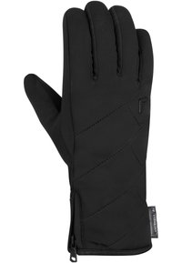 Black insulated glove featuring a smooth exterior, quilted design, zippered cuff, and subtle branding. Suitable for cold weather use.
