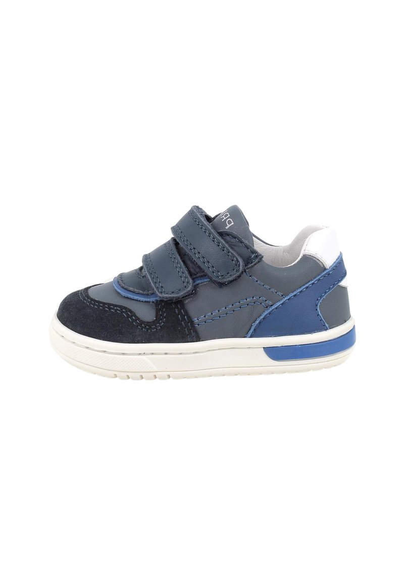 Scarpe da ginnastica per bambini caratterizzate da una combinazione di pelle e suede blu navy, con due strap a velcro, dettagli bianchi e una suola in gomma testurizzata.