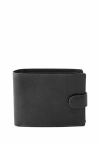 Black leather wallet with smooth texture, rectangular shape, and button closure. Features embossed logo and neat stitching along edges.