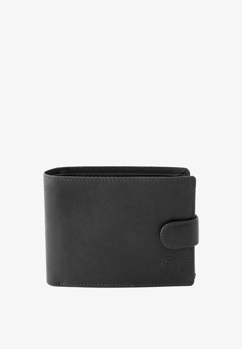 Black leather wallet with smooth texture, rectangular shape, and button closure. Features embossed logo and neat stitching along edges.
