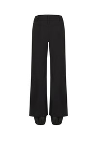 Zwarte broek met een wijde pijpontwerp. Gemaakt van een soepele, lichte stof. Heeft een fitted taille met elastische manchetten bij de enkels.