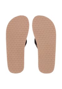 Flip-flops med svarta remmar och beige, texturerade gummisulor. Sulorna har ett formgjutet mönster för grepp och stabilitet.