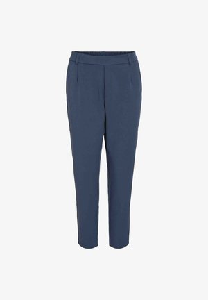 Marineblaue, schmal geschnittene Hose mit glatter Textur, ausgestattet mit einem dehnbarem Bund und zwei vorderen Falten für zusätzlichen Detail.