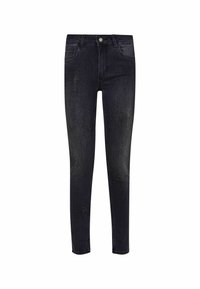 Jeans skinny en denim oscuro con un acabado desgastado. Presenta acentos de rhinestones dispersos en la parte delantera para un detalle adicional.