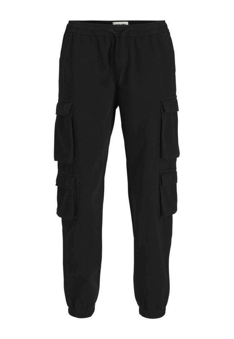 Pantalons cargo noirs avec taille élastique, plusieurs poches latérales et poignets resserrés. Fabriqués en tissu léger, avec une texture lisse.