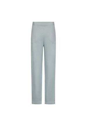 Lichtblauwe broek met rechte pijpen, elastische tailleband en voorzakken, getoond tegen een witte achtergrond.