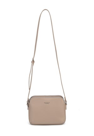 Beige Umhängetasche mit verstellbarem Riemen, zwei Reißverschlussfächern und kleinem, eingeprägtem "DIANA&CO COLLECTION"-Logo auf der Vorderseite.