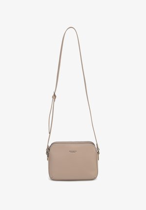 Beige crossbody bag with adjustable strap, dual zipper compartments, and small embossed "DIANA&CO COLLECTION" logo on front.