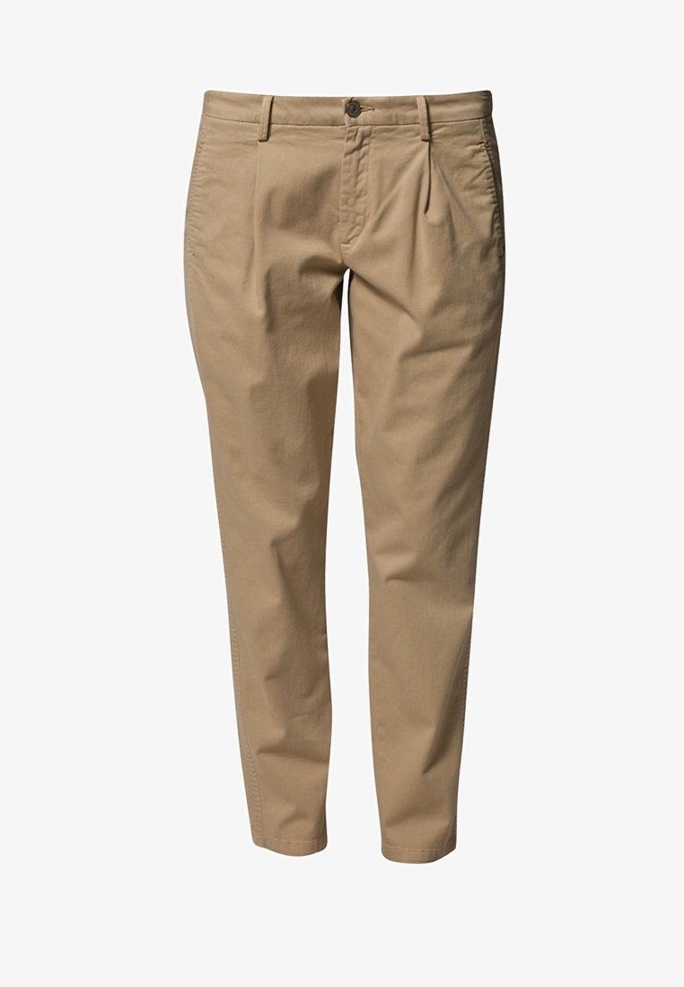 Chinos kaki en coton, avec un devant plat, des jambes fuselées, une fermeture à bouton et deux poches latérales, offrant une texture lisse.