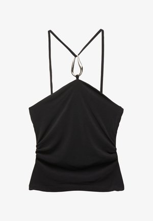 Schwarzes ärmelloses Top mit V-Ausschnitt und dünnen Trägern, ausgestattet mit einem silbernen Tropfen-Accessoire am Ausschnitt und einer gerafften Textur auf der Vorderseite.