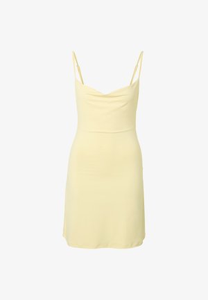 Rochie mini galben deschis fără mâneci, cu bretele subțiri reglabile și decolteu drapat.