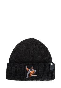 Black knit beanie with ribbed texture, folded cuff, and a rectangular patch featuring a Doberman graphic and "BEWARE" text.