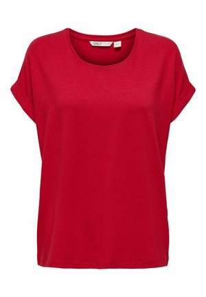 Rød kortærmet t-shirt med rund halsudskæring. Fremstillet af blødt stof, har rullede ærmer og en afslappet pasform. Enkel, ensfarvet design.