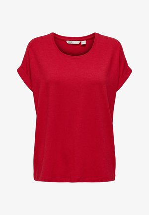 Rode t-shirt met korte mouwen en een ronde hals. Gemaakt van zachte stof, met opgerolde mouwen en een relaxed fit. Eenvoudig, effen kleurontwerp.