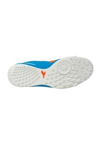 Scarpa blu brillante con suola bianca testurizzata, dotata di un accento arancione e di una presa decorata. Materiale superiore liscio, progettato per una buona aderenza.