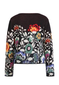 Pull en tricot à motifs floraux avec des manches longues, présentant une base noire et de fleurs brodées colorées en rouge, jaune, vert et bleu.
