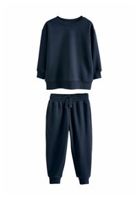 Dunkelblaues Sweatshirt- und Sweatpants-Set aus weichem Stoff, mit Rundhalsausschnitt, lockerer Passform, elastischem Bund und gerippten Bündchen.