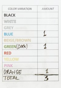 Tabla que lista las variaciones de color y las cantidades: negro, blanco, gris, azul, beige/marrón, verde oscuro, rojo, amarillo, rosa, naranja. Total: 3.