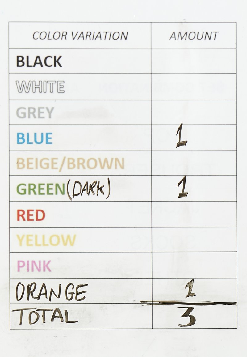 Tabla que lista las variaciones de color y las cantidades: negro, blanco, gris, azul, beige/marrón, verde oscuro, rojo, amarillo, rosa, naranja. Total: 3.