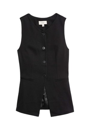 Schwarze ärmellose Weste mit V-Ausschnitt, vorderem Knopfverschluss, zwei seitlichen Taschen und glatter Textur. Hergestellt aus einem strukturierten Stoff.