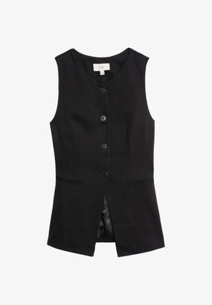 Schwarze ärmellose Weste mit V-Ausschnitt, vorderem Knopfverschluss, zwei seitlichen Taschen und glatter Textur. Hergestellt aus einem strukturierten Stoff.