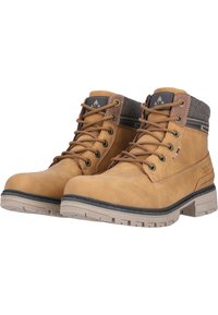 Bruna läderankelboots med metallöglor, bruna snören och en texturerad grå krage. Slitstarkt beige gummiyttersula för bra grepp.