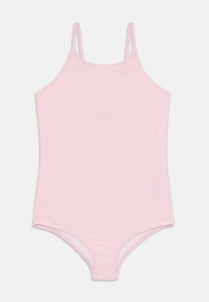 Różowy strój kąpielowy o designie tank top, z cienkimi ramiączkami i gładkiego, elastycznego materiału. Cechuje się prostym, jednolitym kolorem, bez wzorów.