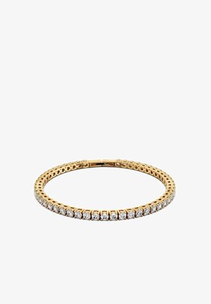 Zlatý náramok s prepojeným dizajnom a viacerými okrúhlymi kubickými zirkónmi pozdĺž prednej časti, ktoré ukazujú iskrenie a lesk.