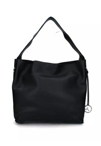 Borsa a spalla grande in pelle nera con tracolla ampia e piccolo portachiavi rotondo in argento attaccato al lato.