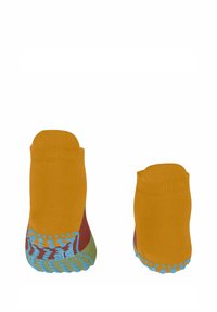 Gelbe kurze Socken mit strukturierter Sohle, ausgestattet mit grünen, roten und blauen Akzenten. Glattes Gewebe mit griffigem Boden für bessere Rutschfestigkeit.