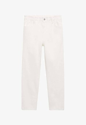 Biele denimové džínsy s elastickým pásom, strihané s rovnými nohavicami, dvoma prednými vreckami a malým kovovým gombíkom na páse.