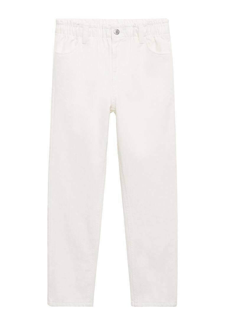 Jeans in denim bianco con una cintura elastica, design a gamba dritta, due tasche frontali e un piccolo dettaglio con bottone in metallo in vita.