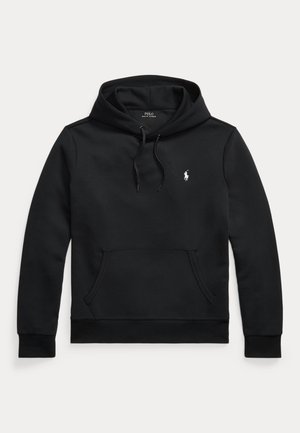 Black long-sleeve hoodie with front pouch pocket, drawstring hood, and small white Polo Ralph Lauren logo on the left chest.